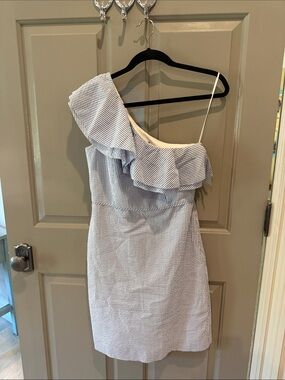 J. Crew Blue and White One-Shoulder Ruffle Stripe Dress